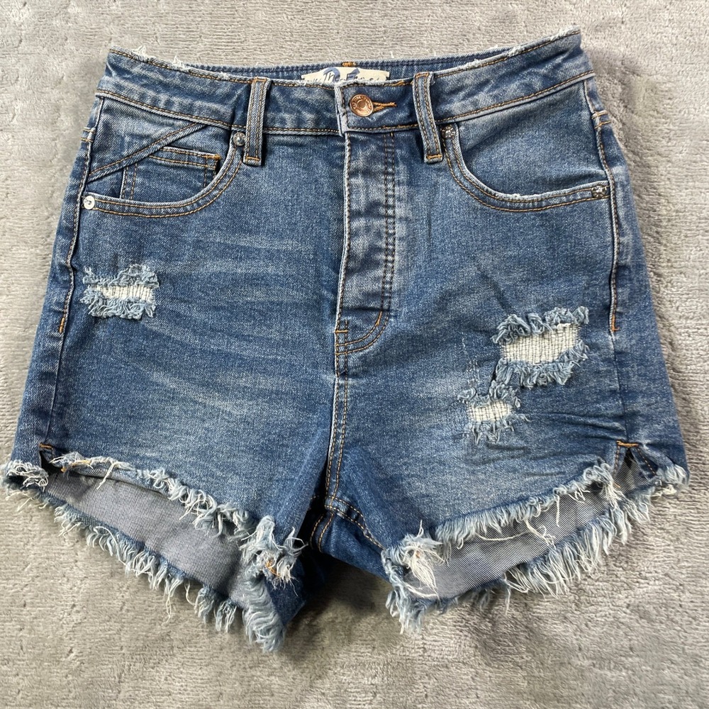 Free People Denim Shorts Womens 26 Blue Distressed Frayed Hem‎ Button Fly